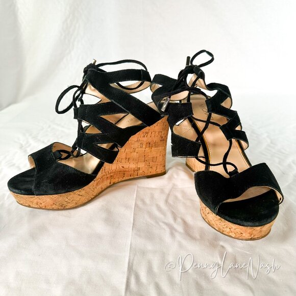 Michael Shoes - Michael Alli Lace Up Suede Cork Wedge Sandal